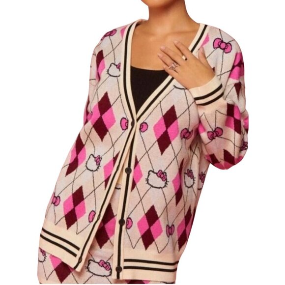 Sanrio Hello Kitty X Forever 21 Argyle V Neck Cardigan Sweater Size S - Picture 1 of 9
